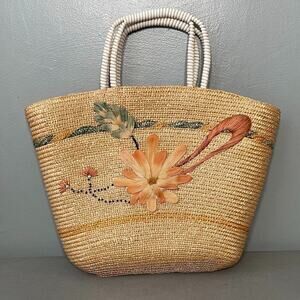 Woven Floral Straw Tote Bag in Natural with White Handles